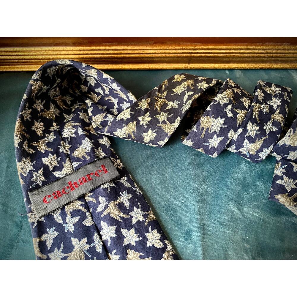 Vintage Cacharel cotton necktie with flower and bird romantic print
